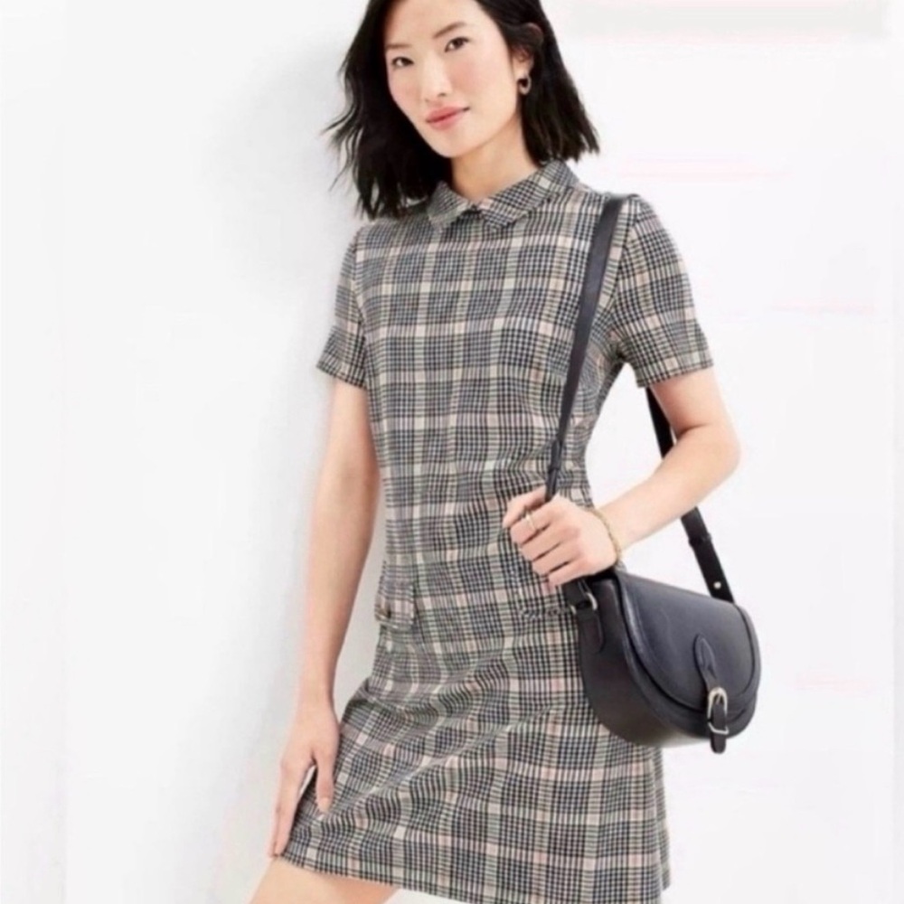 LOFT Plaid Ponte Button Pocket Dress Mod Collar Classic Retro-Large Petite-NWT